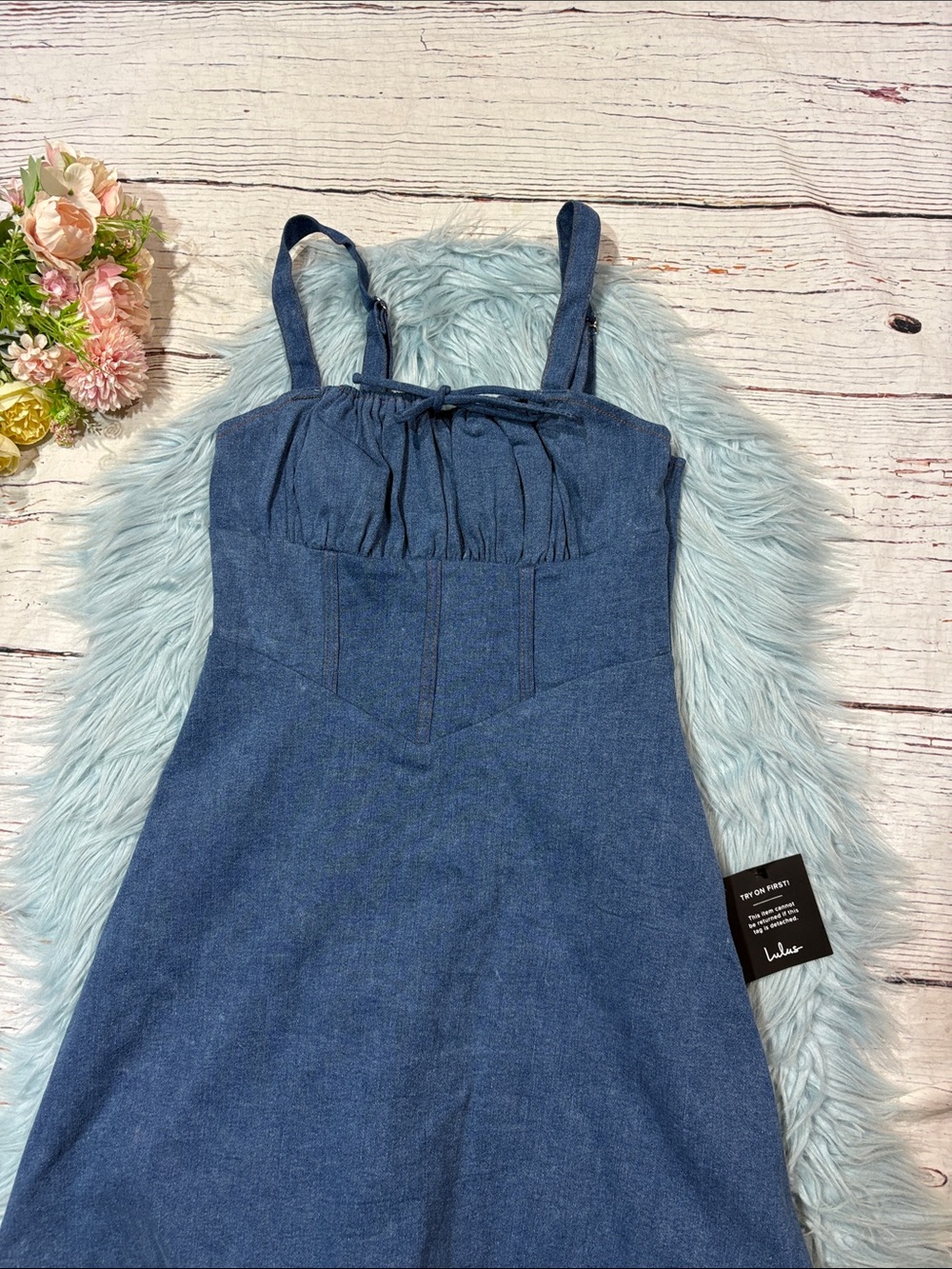 NWT Lulus Considered Charisma Blue Chambray Bustier Mini Dress - Picture 5 of 7